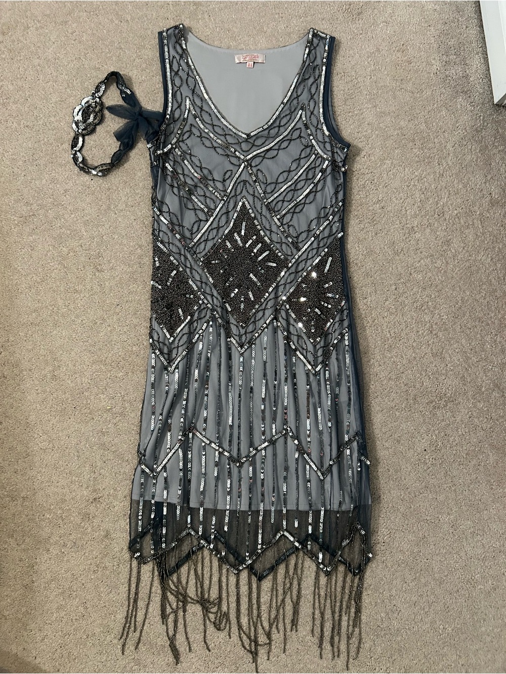 Gray Beaded Fringe Midi Dress with Vintage-Inspired Sequin Detail